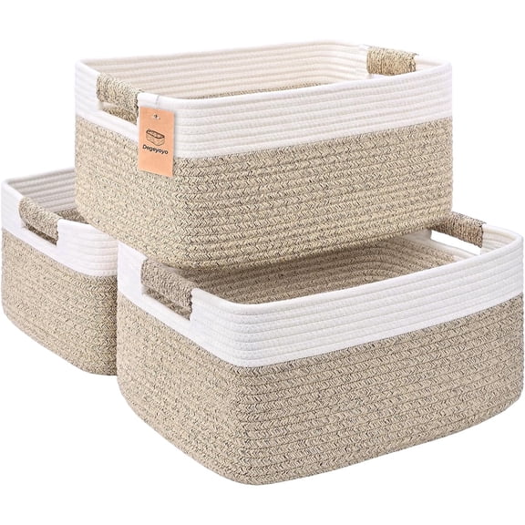 Natubeau 3 Pack Woven Storage Basket for Shelves, 29L Large Cube Storage Bins, Cotton Rope Woven Baskets for Organizing, White&Jute, 17.5"D x 13"W x 7"H