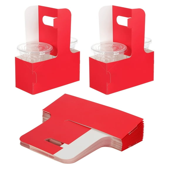 Uxcell Drink Carrier with Handle, 25 Pcs Kraft Paperboard 2 Cup Holder for Hot or Cold Drinks Red