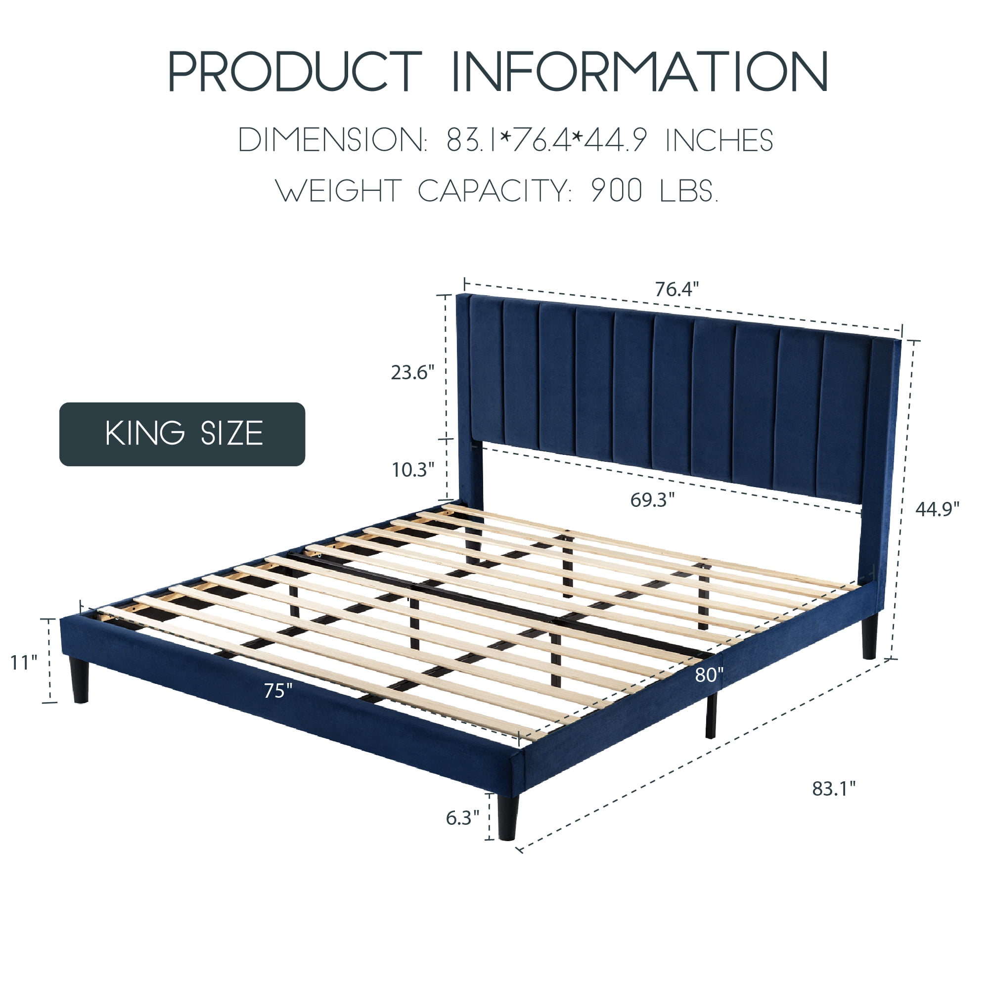 Einfach King Size Platform Bed Frame with Upholstered Velvet Vertical Headboard, Blue