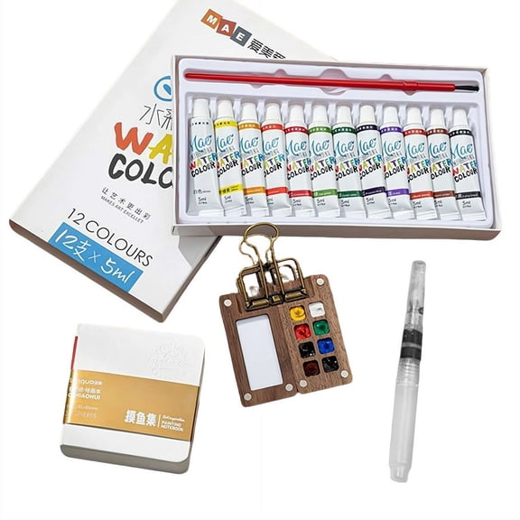 Watercolor Kit,Mini Watercolor Paint Set, Pocket Watercolor Set with Paint, Brush,bag, Sketchbook & Copper Clip