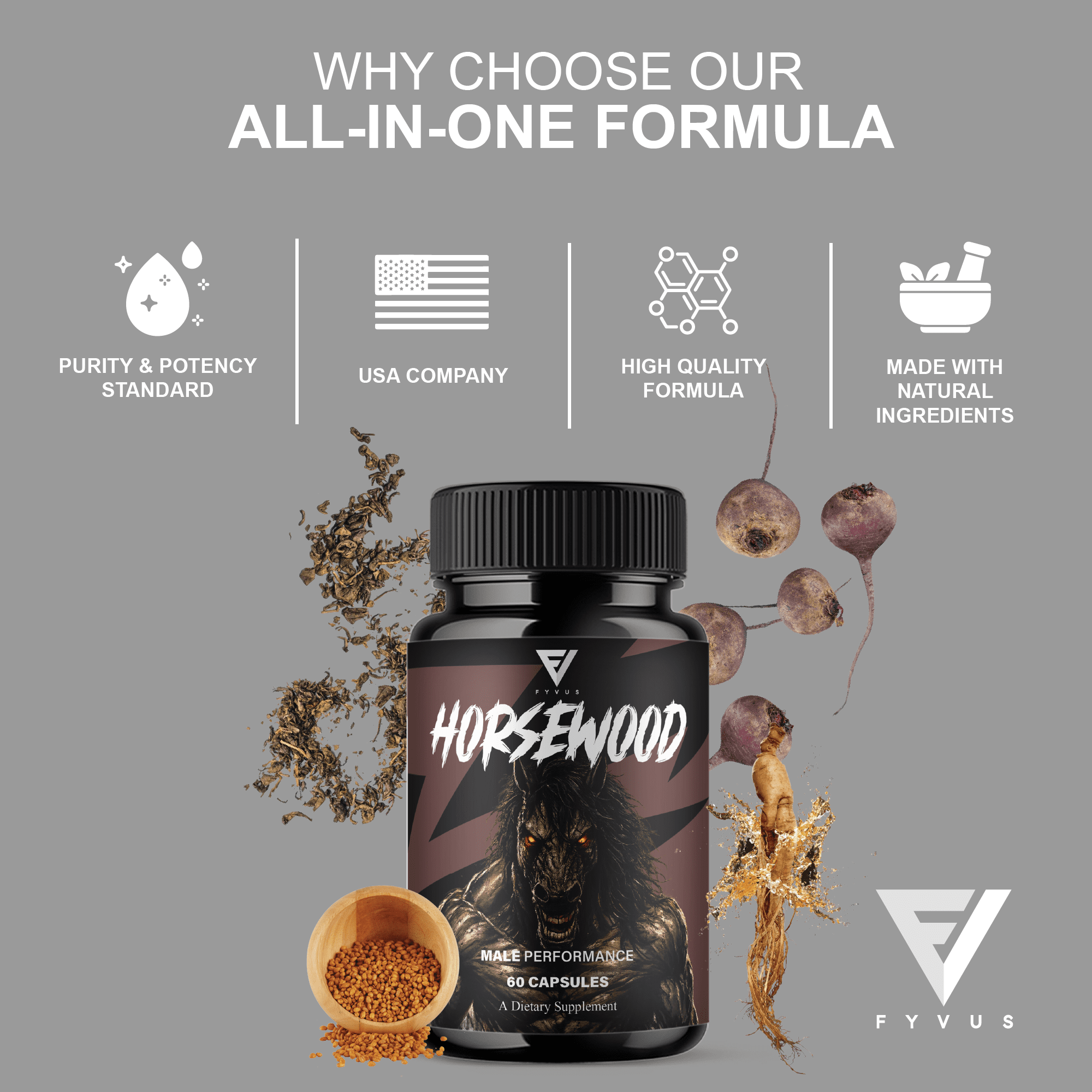 (5 Pack) Horsewood Male Support Supplement, Horse Wood Male Pills (300 Capsules)
