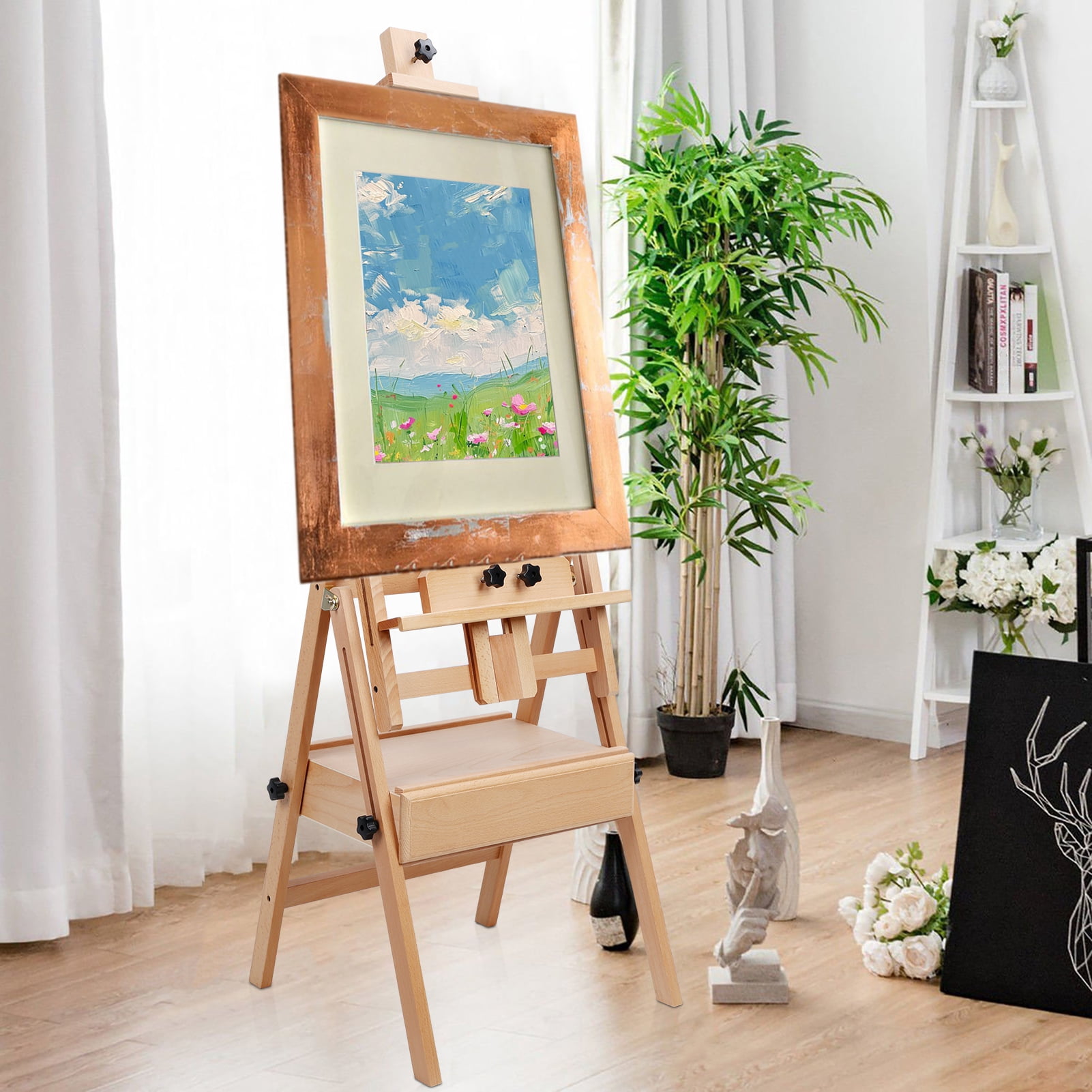 Lorelo H Frame Easel, French Easel with Casters, Solid Beech Wood Easel, Painting Canvas Holder Stand, Tilts Flat Artist Easel, Height Angle Adjustable