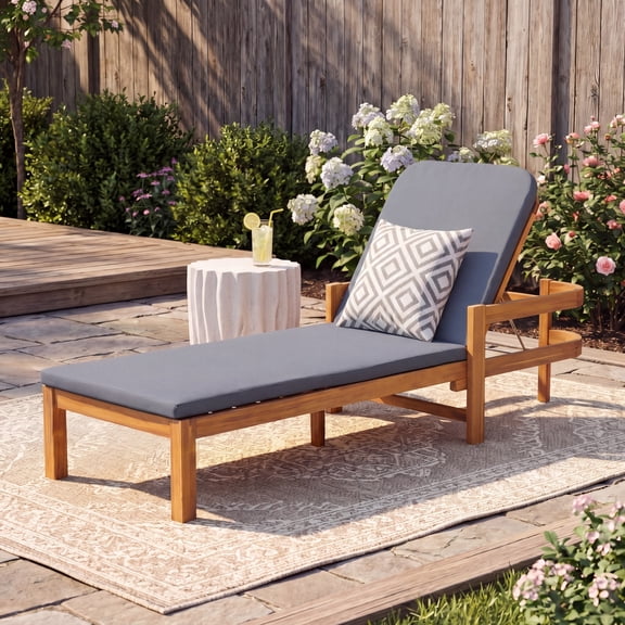 ECOBUY Outdoor Chaise Lounge, Adjustable Acacia Wood Recliner with Water-Resistant Cushion, Dark Gray and Light Teak, 77.5 in Length