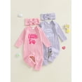 thumbnail image 3 of RUINIXCW Newborn Baby Girl Little Sister Outfit Baby Girls Spring Fall Winter Clothes Waffled Romper Letter Embroidered Jumpsuit and Headband 2Pcs Set, 3 of 9