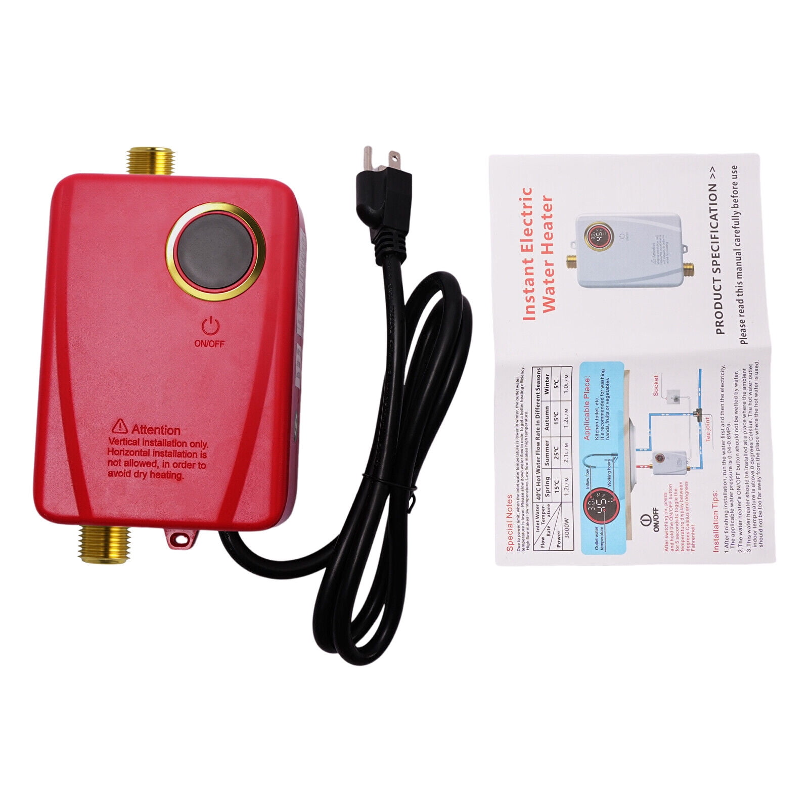 Electric Tankless Water Heater Portable Instant Hot Shower Kitchen Heater 3000W