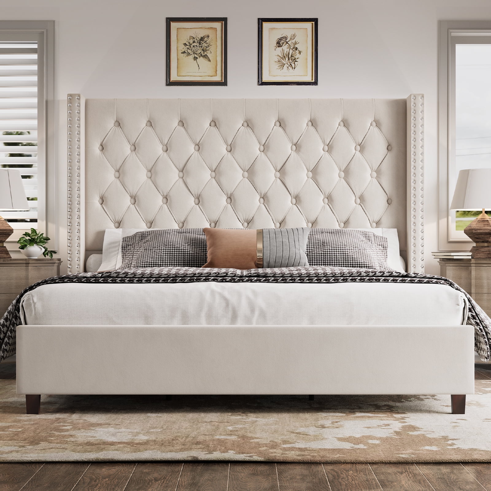 VanAcc Queen Upholstered Platform Bed Frame with Tufted Velvet Headboard, Cream