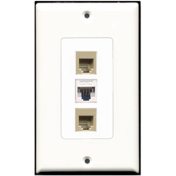 RiteAV - 2 Port Phone RJ11 RJ12 Beige 1 Cat5e Ethernet White Wall Plate Decorative