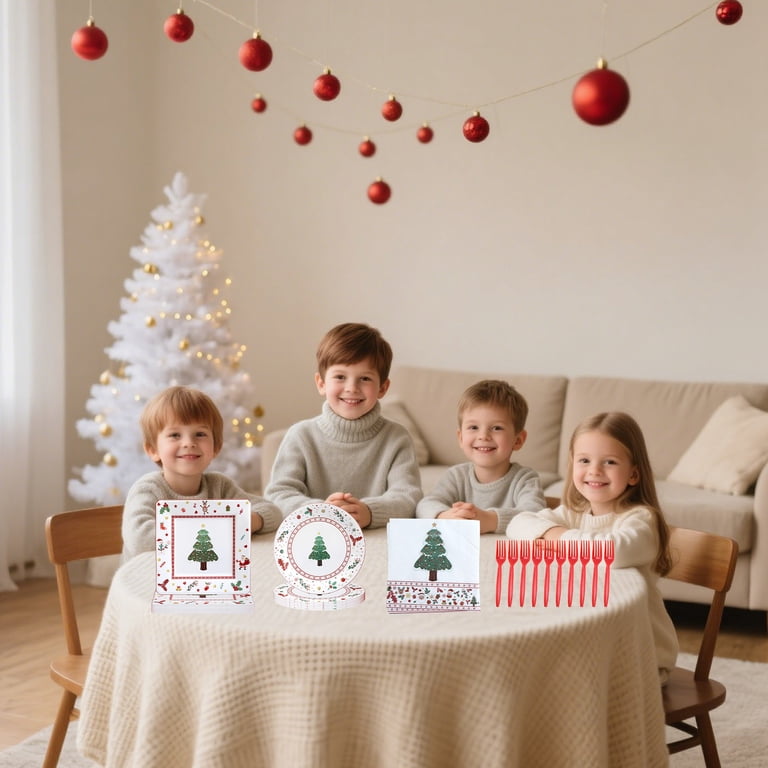 Fwttom 50 pcs Christmas Dinnerware Sets, Holiday Tableware Party Supplies with Petal-Shaped Christmas Paper Plates Christmas Napkins Disposable Cups for Xmas Party Supplies Favors Table Decor