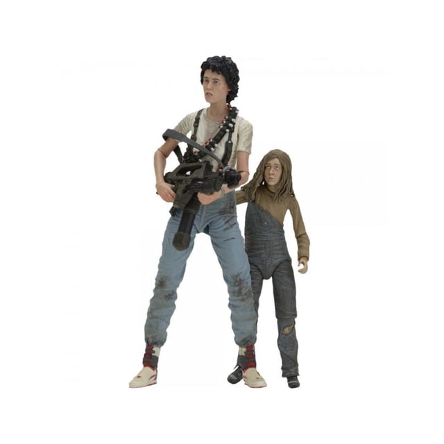 aliens ripley & newt 2 pack Figura de acción NECA, vista frontal de Ripley con lanzacohetes tipo M41-A y Newt a su lado; Ripley mide aproximadamente 7" de altura, nueva cabeza esculpida y decoración exclusiva para este conjunto, multicolor, fondo blanco.