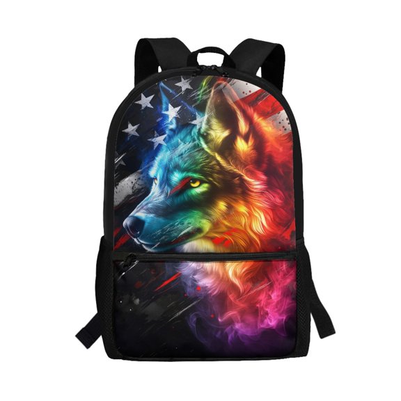 Uourmeti American Flag Wolf Pattern Backpack for Students, 17 Inch Durable Fabric Personalized School Backpack for Travel Daily Use