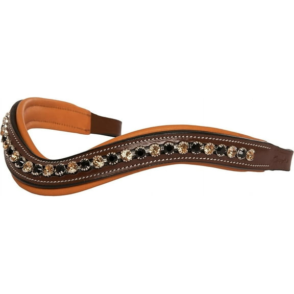 Exion Horse Browband For English Bridle | Curved Shape Padded Equestrian Browband For Show & Dressage | Black & Golden Crystal Browband For Horses