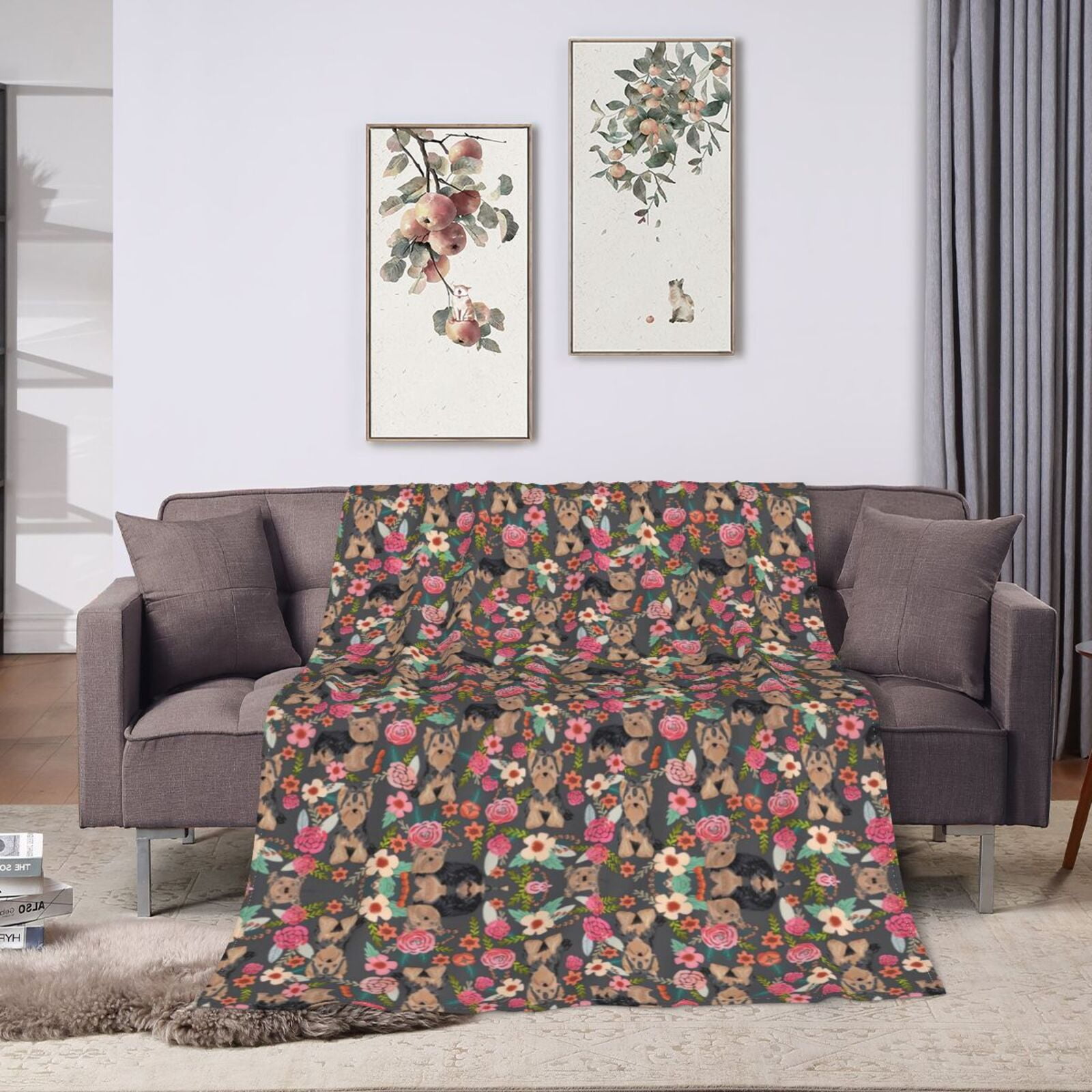 Wijzvio Yogorkshire Terrier Florals Dog Throw Blanket Soft Fuzzy Fleece Blanket For Couch Bed Living Room Decoration 60"X50"