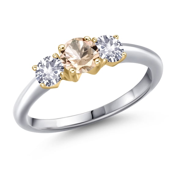 Gem Stone King 10K Two Tone Gold Peach Morganite and White Created Sapphire Engagement Ring for Women | 0.90 Cttw | Round 5MM | Gemstone October Birthstone | Size 5