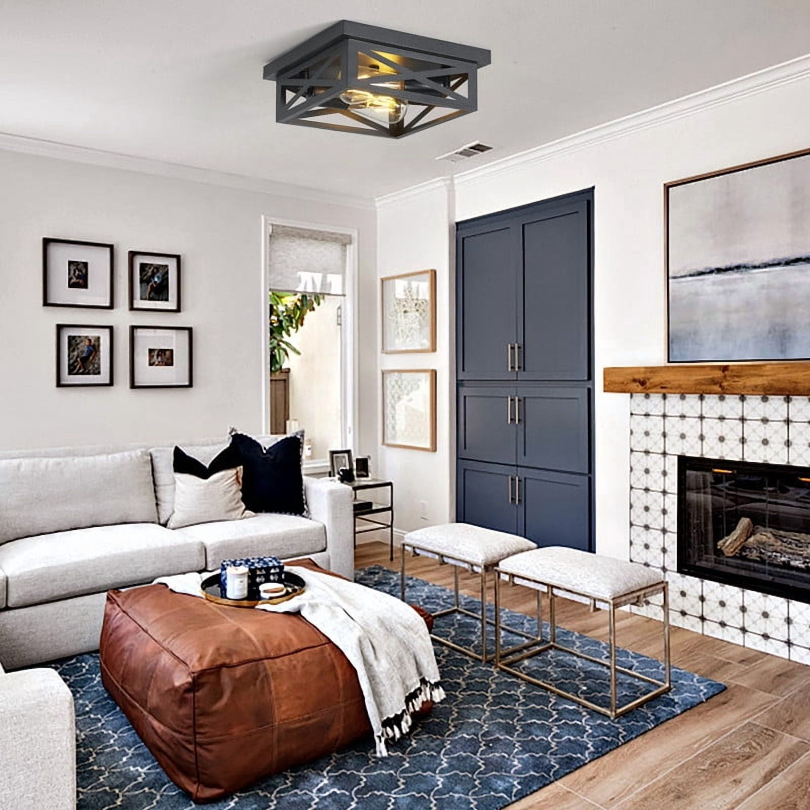 GCGAFUL 2-Pack Farmhouse Flush Mount Ceiling Light, 2-Light Matte Black Rustic Iron Square Ceiling Fixture, Farmhouse Ceiling Decor for Hallways, Kitchens, Living Rooms. E26 Base