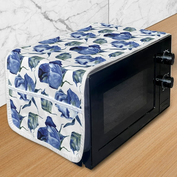 Watercolor Microwave Oven Cover, Hand Drawn Roses and Leaves Abstract Floral Blooming Nature Theme, Water Resistant Organizer with Pockets for Kitchen, 36" x 12", Violet Blue Slate Blue, by Ambesonne