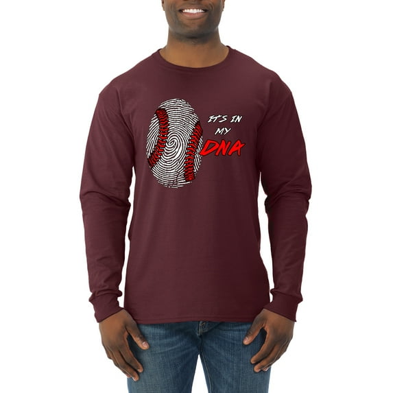 Wild Bobby, Baseball Fingerprint It's In My DNA, Sports, Men Long Sleeve Shirt, Maroon, Small