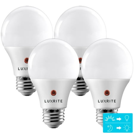 

Luxrite A19 LED Dusk to Dawn Light Bulb Enclosed Fixture Rated 3000K Soft White 800 Lumens Damp Rated E26 4-Pack