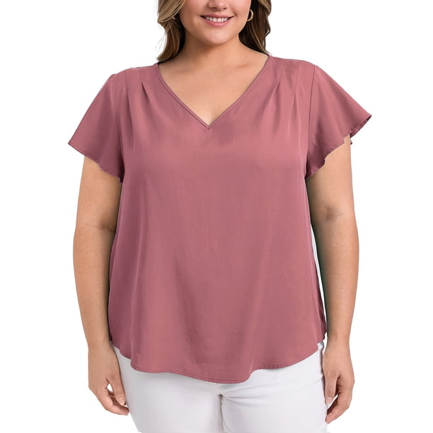 GRACE & GRANDEUR Blusas Casual Elegantes de Talla Grande para Mujeres con Pliegues en los Hombros, Cuello en V, Mangas Cortas con Volantes 4X Rosa Oscuro