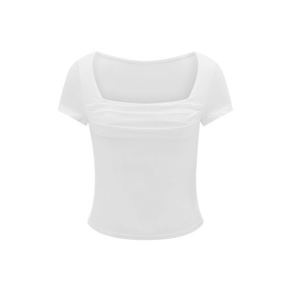 Michellecmm Women's Ruched Cropped Tops Solid Short Sleeve Square Neck T-Shirt