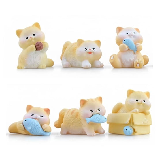 Mini Cat Figurines, 6PCS Cute Cream-Colored Cat Ornaments, Playful Cat Car Dashboard Decor, Desk Accessories, Miniature Fairy Garden Landscape Accents