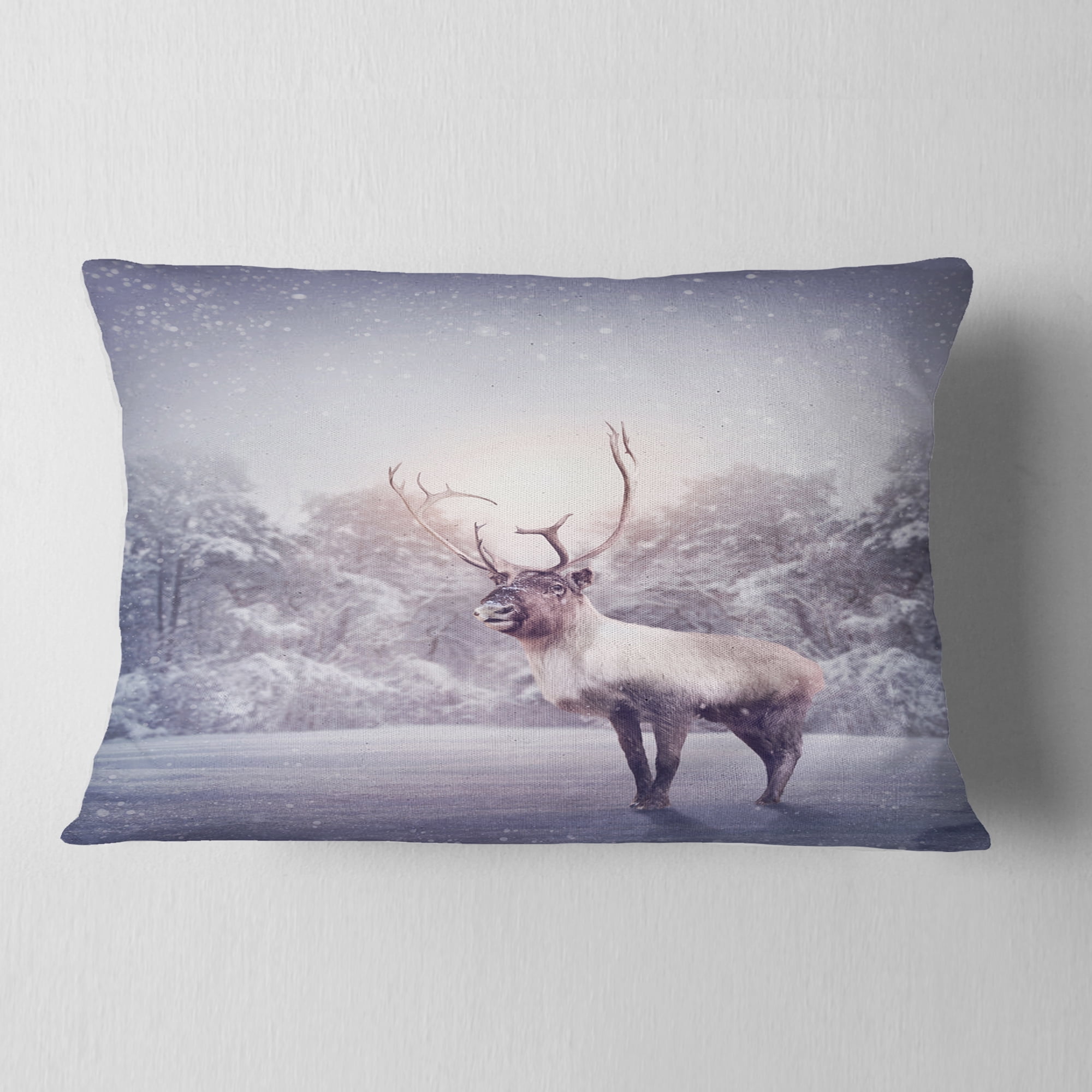 Designart Huge Reindeer Standing in Snow - Animal Throw Pillow - 12x20