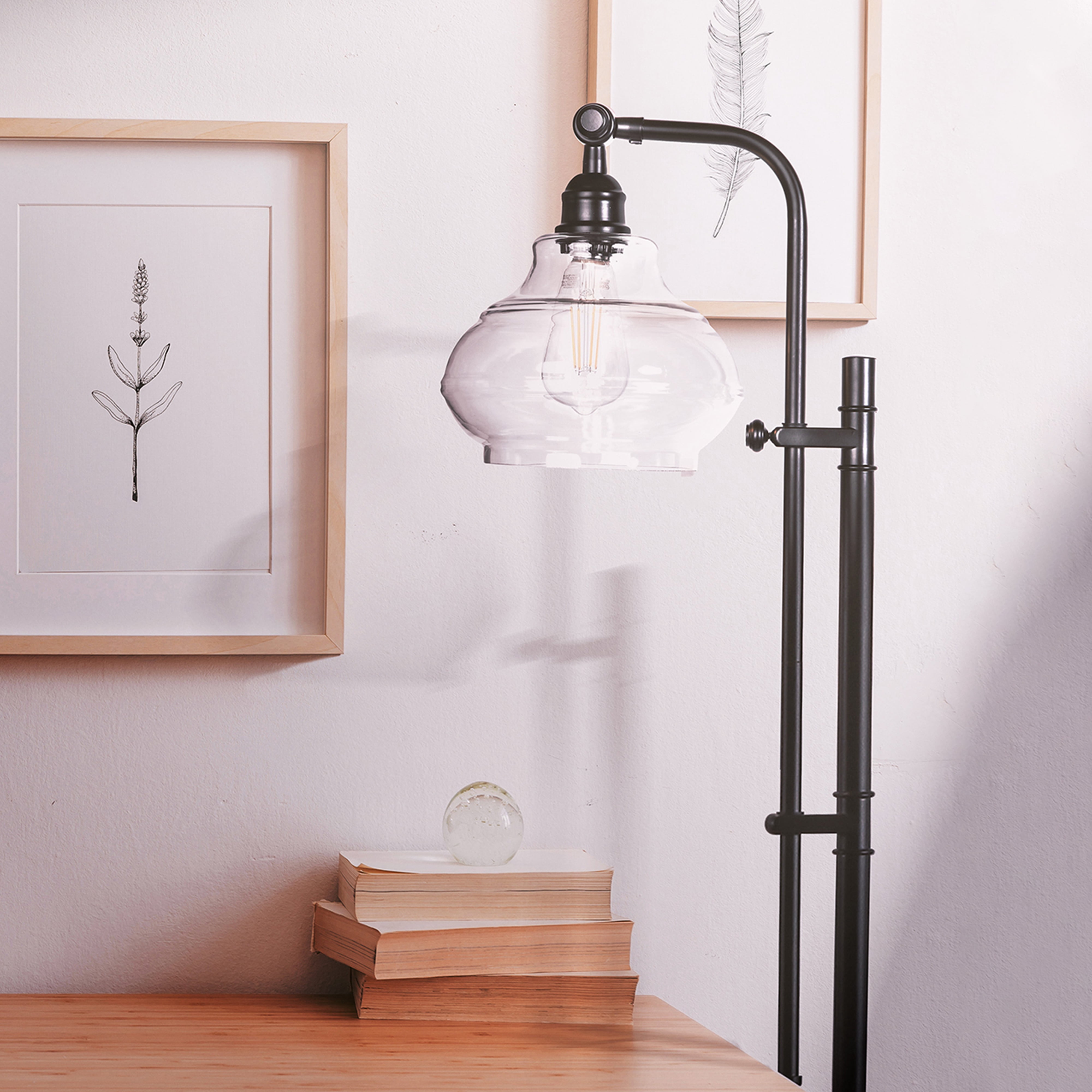 Brightech Austin LED Floor Lamp, Industrial Lamp for Living Rooms & Offices, Mid-Century Modern Standing Lamp with Adjustable Head, Tall Lamp with Rustic Glass Teardrop Shade for Bedroom - Black