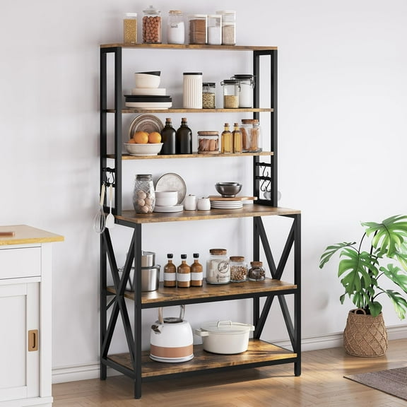 COCOKUN 6-Tier Kitchen Bakers Rack, 31.5 Inch Coffee Bar Table, Farmhouse Microwave Oven Stand Cabinet for Small Spaces, Corner Organizer Storage Shelf for Spices and Pots Rustic Brown