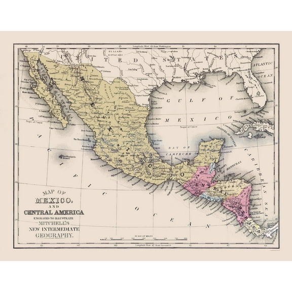 Historic Map - Mexico Central America - Mitchell 1877 - 29.17 x 23 - Vintage Wall Art