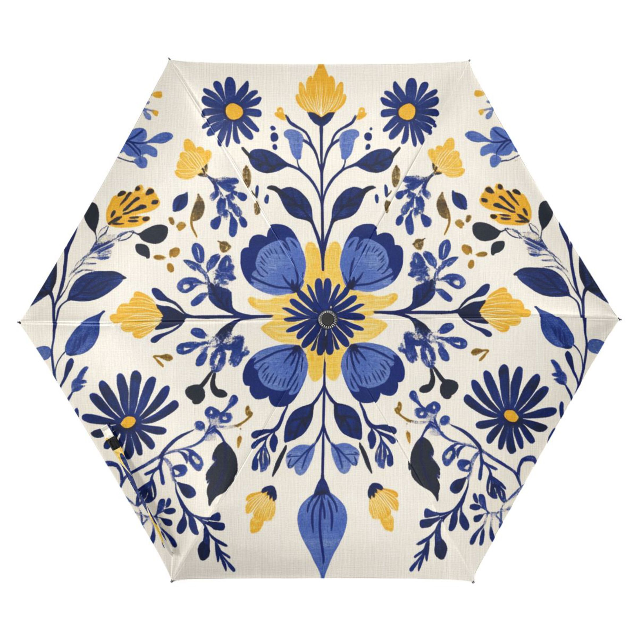 Dark Blue and Yellow Flowers Symmetrical All Weather Umbrella Triple Folding Parasol 6 Ribs UV Protection Portable