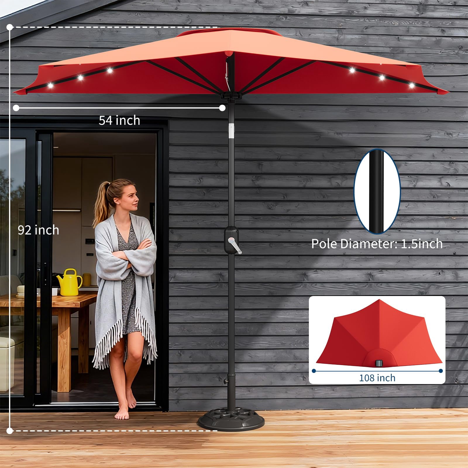 Senfot 9FT Half Patio Umbrella with Solar LED Lights, Smooth Crank Lift Outdoor Shade Canopy, UV Resistant for Patio Backyard Deck, Red