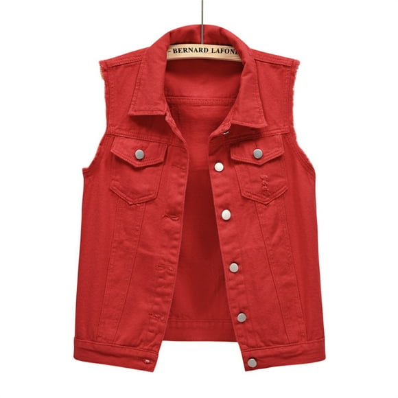 Red Womens Tops Multi Color Denim Vest Female Short Spring and Summer Slim Thin Burlap Sleeveless Shoulders Broken Holes Vest Jacket Going Out Tops for Women