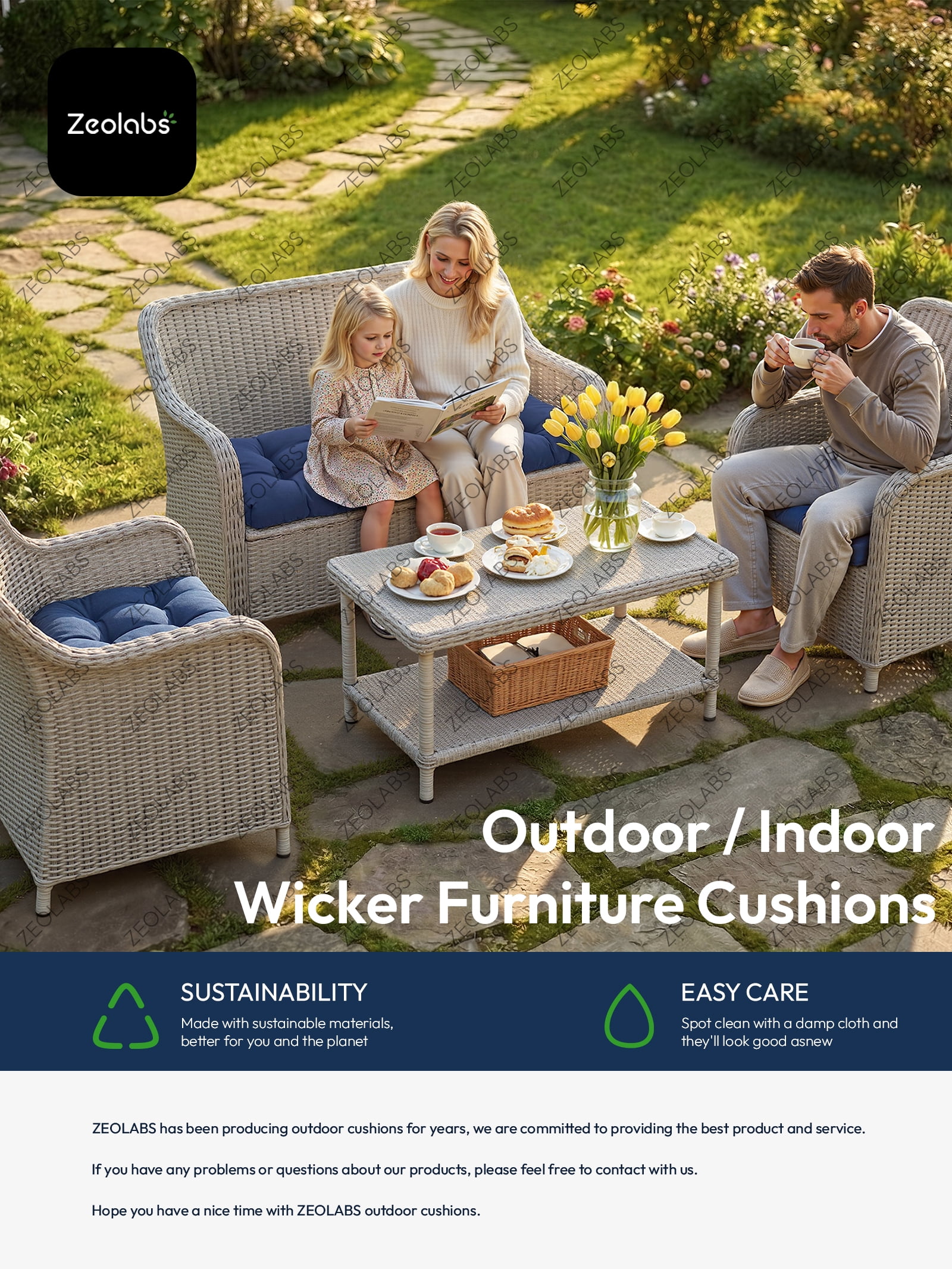 ZEOLABS Outdoor Wicker Chair Cushions of 3 Pieces Waterproof Tufted Seat Cushions set for Patio Furniture Sofa Bench Settee Couch, 1 Loveseat and 2 U-Shaped Cushions, Beige