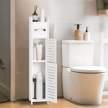 4-Tiers Storage Cabinet Free Standing Toilet Tissue Roll Storage Rack Slim Storage Cabinet with 2 Doors and Shelves for Bathroom Small Spaces - White