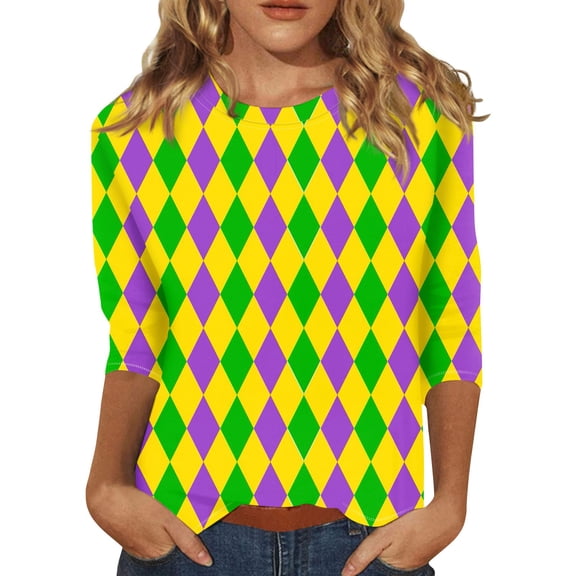 Mardi Gras Shirts for Women 3/4 Sleeve Carnival Graphic Top, Crew Neck Casual Tee, Soft Loose Fit Parade Outfit for Festival Party