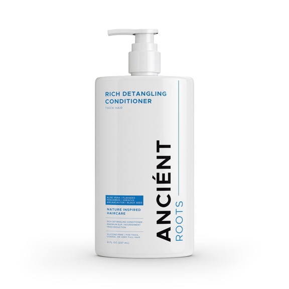 Ancient Roots Thick Hair Rich Detangling Conditioner, Silicone Free Conditioner, Aloe Vera Flaxseed Fenugreek Hibiscus Amla, Slip Frizz Control Softness and Nourishment, 8 Fl Oz