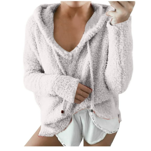 GigrtiJin Plus Size Hoodies for Womens Long Sleeve V Neck Plush Pullover Sweatshirt Casual Loose Drawstring Blouse Top