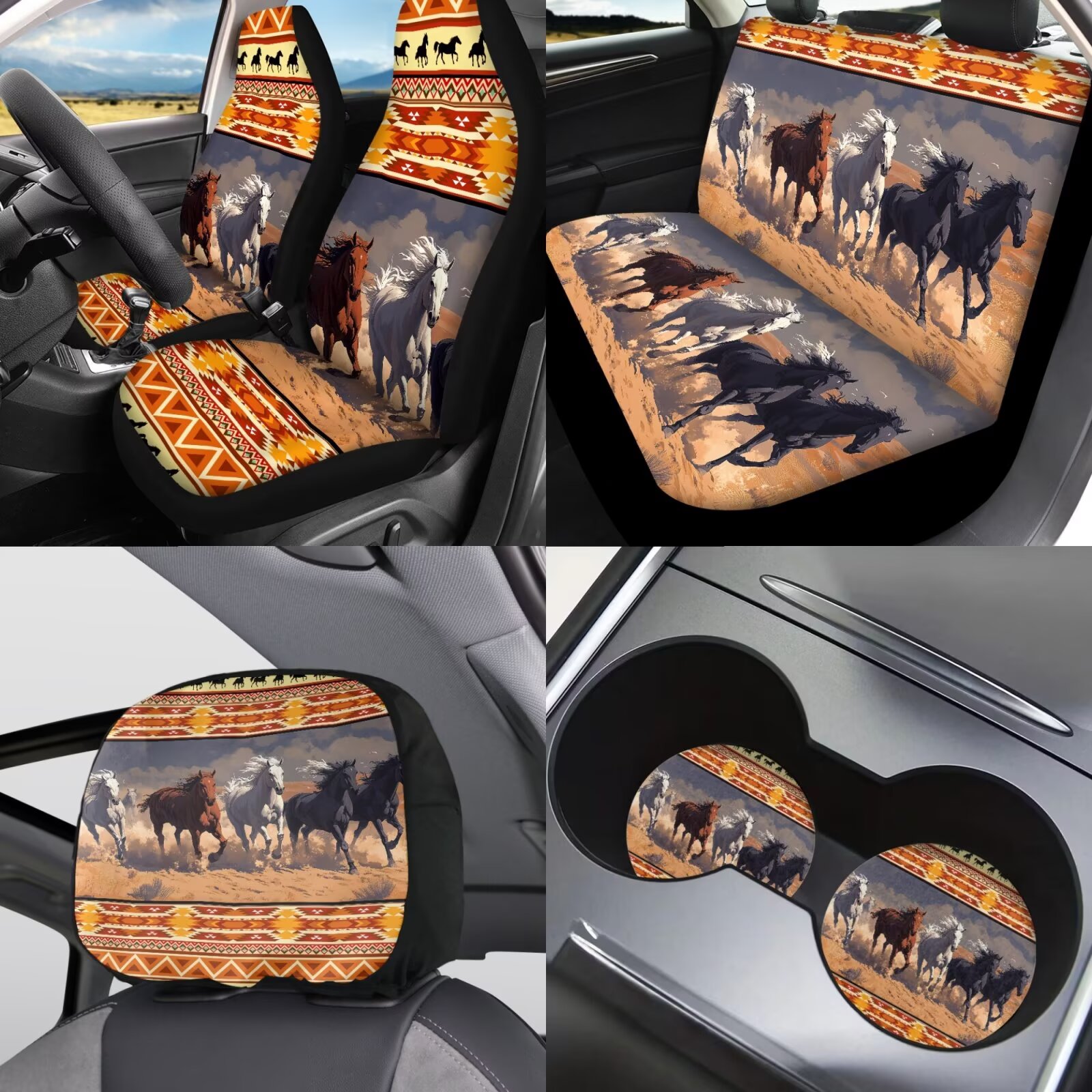 Garronmavis Aztec Three Horse Car Seat Covers Full Set Universal Seat Covers for Cars with Cars Headrest Protectors+Wristlet Keychain+Auto Cup Coaster+Handbrake Gear+Shift Knob Cover