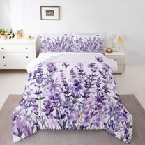 Homewish Dreamy Lavender Flower Queen Comforter Set, Purple Art Watercolor Bedding Sets, Plant Botanical Reversible Bedding Comforter Set, Super Cozy Room Decor, 3-Piece