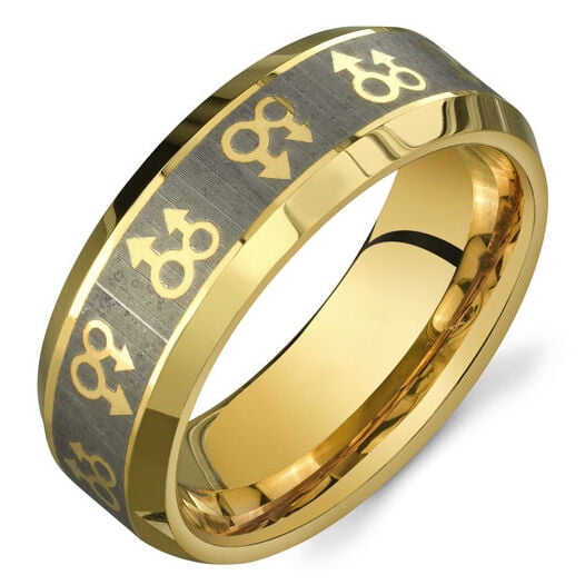 Pride Shack - Gold Mars Male Symbols Ring - Mens Gay Pride or Wedding Ring Band