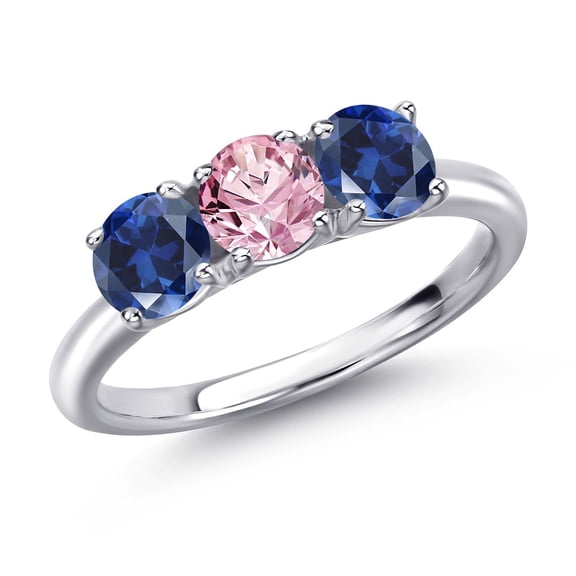 Gem Stone King 925 Sterling Silver Pink Lab Grown Diamond and Blue Created Sapphire Engagement Ring for Women | 1.70 Cttw | Round 5MM | Gemstone April Birthstone | Size 5