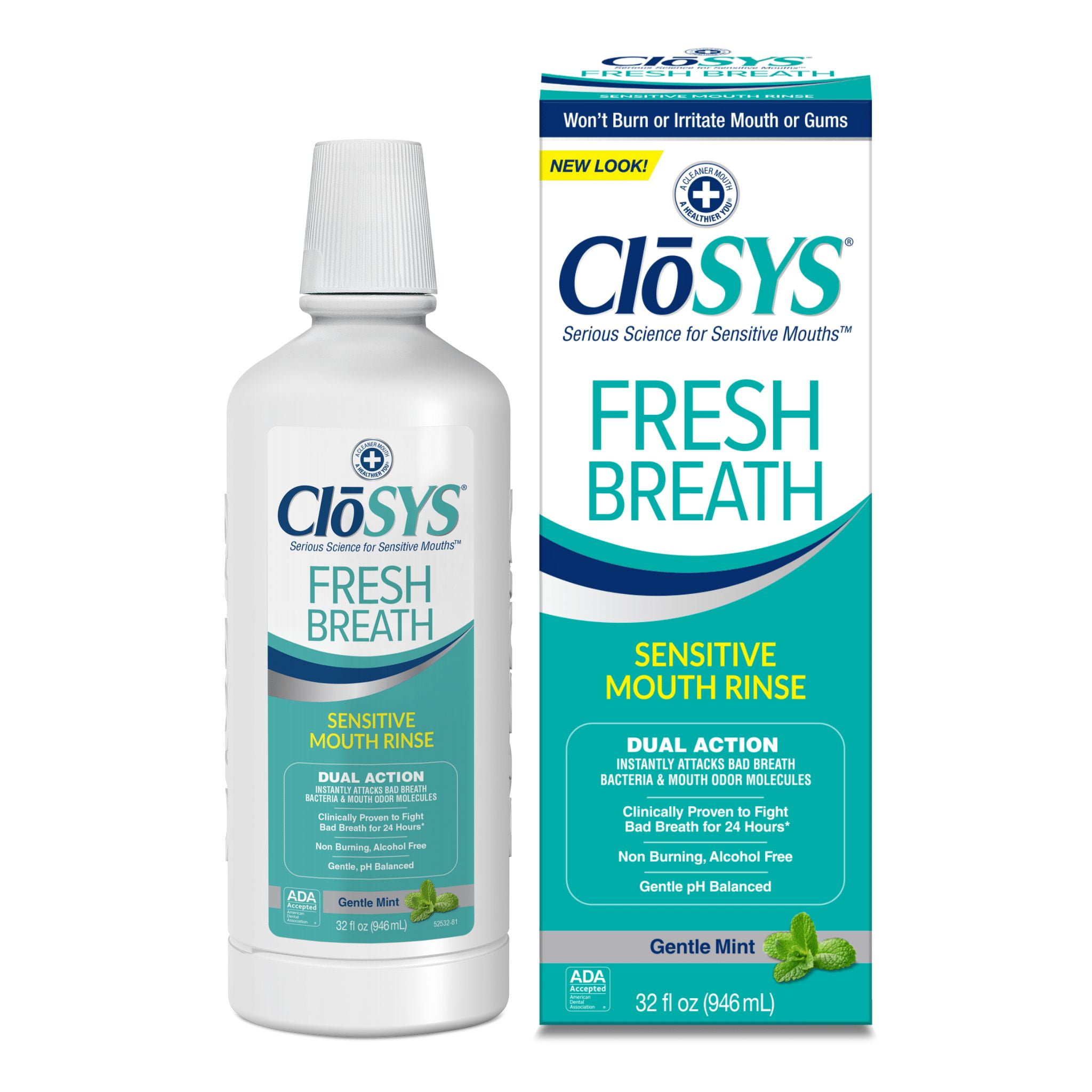 CloSYS Sensitive Mouthwash, 32 Ounce, 2 Count, Gentle Mint, Alcohol Free, Dye Free, pH Balanced, Helps Soothe Mouth Sensitivity, Fights Bad Breath