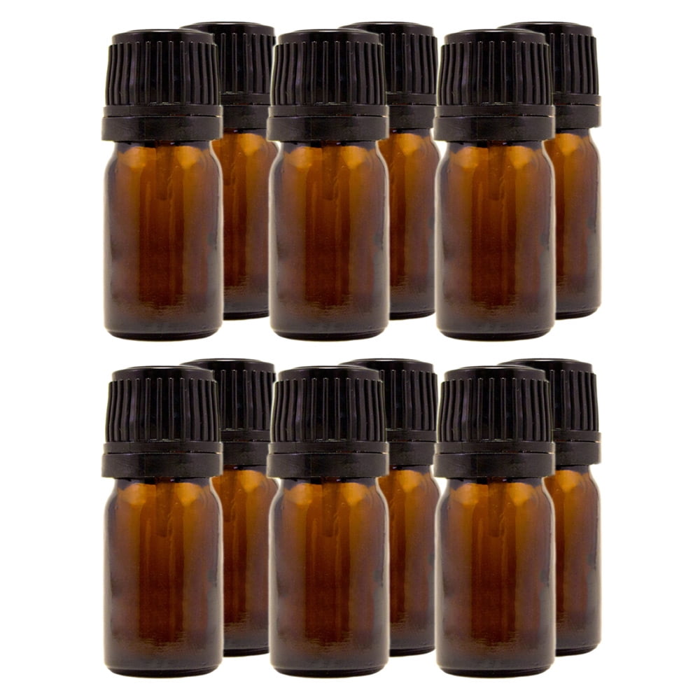 Amber Glass Bottle - 5 ml (1/6 fl oz) w/ Euro Dropper & Tamper-Evident Cap - Pack of 12
