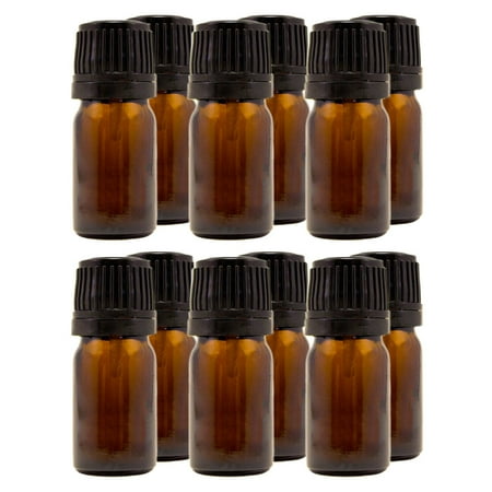 Amber Glass Bottle - 5 ml (1/6 fl oz) w/ Euro Dropper & Tamper-Evident Cap - Pack of 12