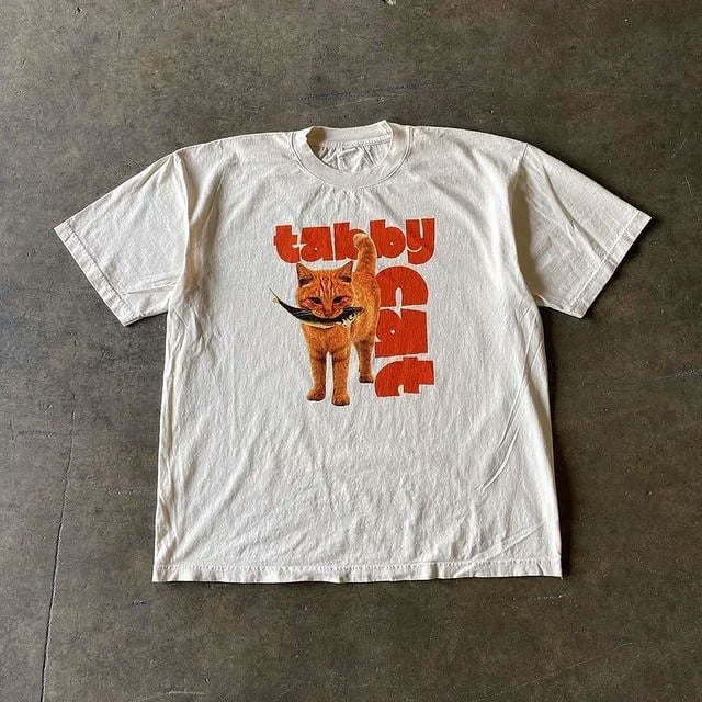 Y2K Harajuku Été Style Gothique Imprimé Coton Lavé Col Rond T-shirt Ample pour Hommes Mode Rue Décontracté Manches Courtes JIANGLANG