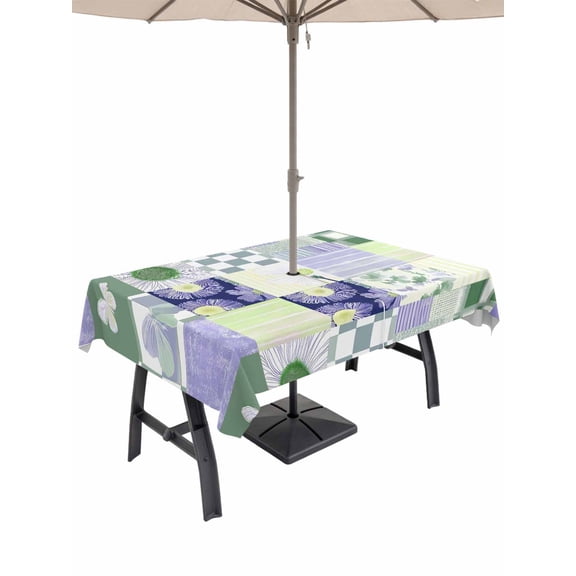 Outdoor Tablecloth with Umbrella Hole for Patio/Picnic/Party/Camping, Spring Floral Checkered Waterproof Table Cloth Rectangle Table Cover Washable, Sage Green Purple Buffalo Plaid (60"x 120")