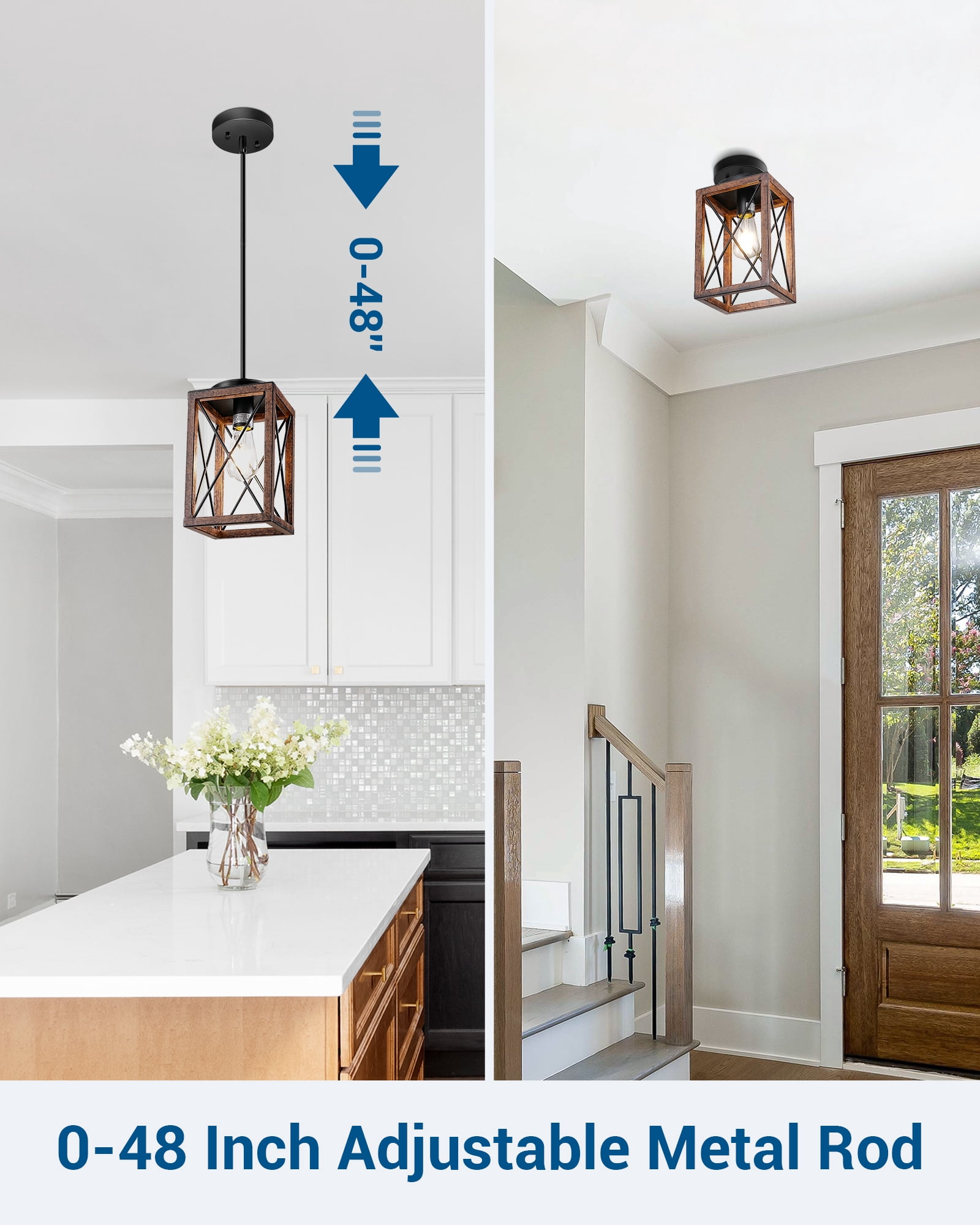 DEWENWILS 2 Pack Farmhouse Pendant Lighting for Kitchen Island, Wood and Metal Hanging Light Fixture for Dining Room, Adjustable Height