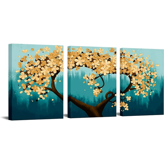 3 Panel Flower Canvas Wall Art Decor Beautiful Yellow Floral with Turquoise Background Painting Picture Print for Home Living Room Bedroom Gold and Teal Framed Artwork Ready to Hang 12x16