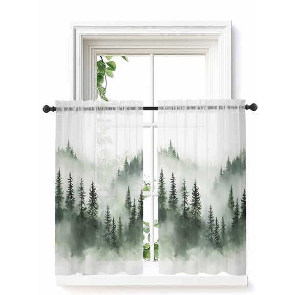 Foggy Forest Tier Curtains 45 Inch Length,Sheer Curtains for Bedroom Living Room Window Green Mist Mountain Natural Landscape Rod Pocket Drapes Kitchen Curtains Small Half Window 27.5"x45" 2 Panels
