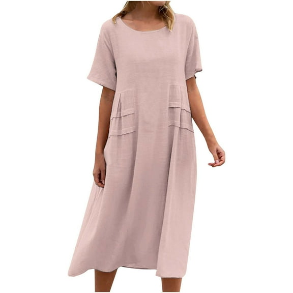 Summer Dresses For Women Sevevn Women's Summer Casual Loose Linen Short Sleeve Round Neck Dress
