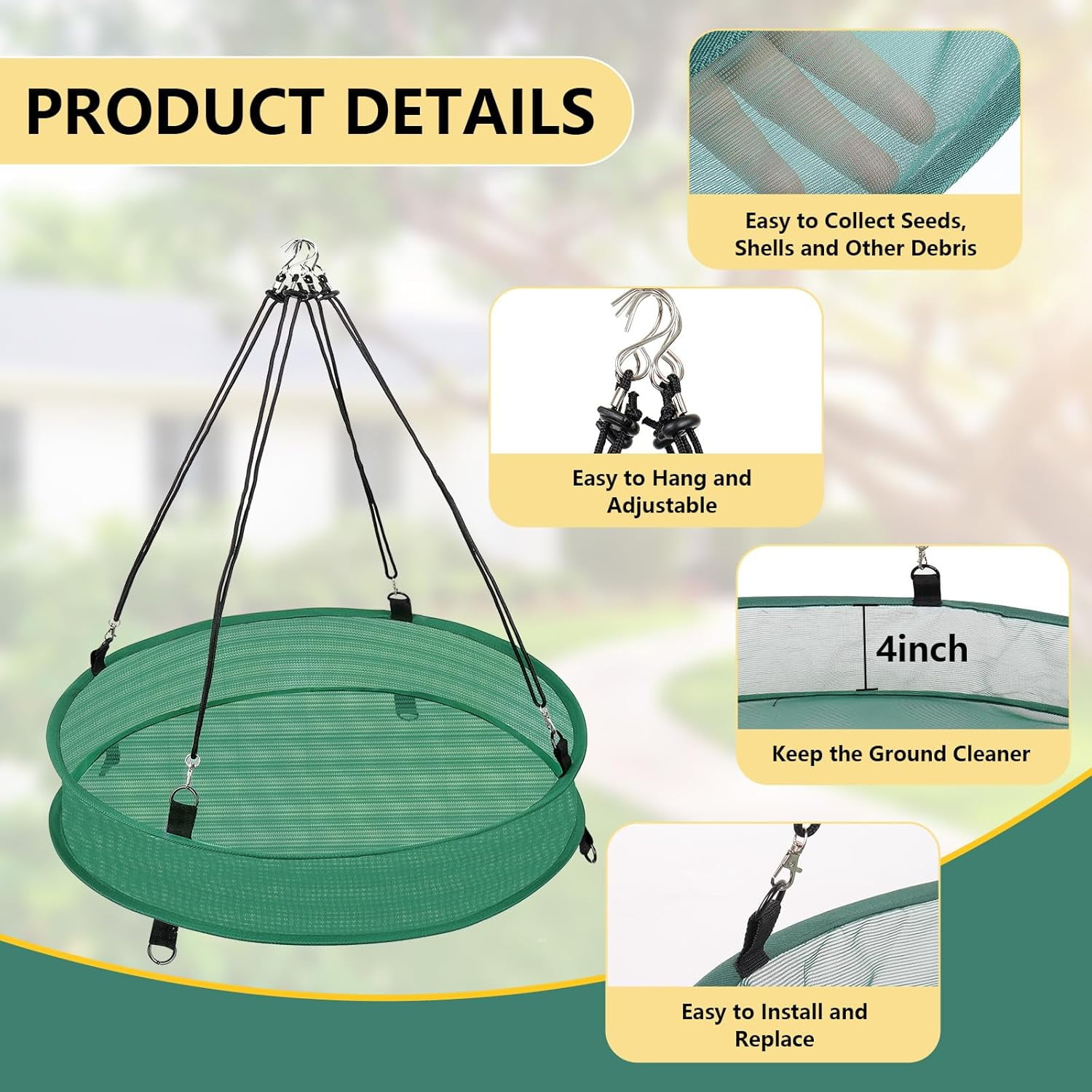 2Pcs Bird Seed Catcher Tray for Hanging Bird Feeder Platform, 4" Deep Birdseed Hoop for Hummingbird Feeders Bee Feeder Outdoor Garden Accessories (Green, 20inch)